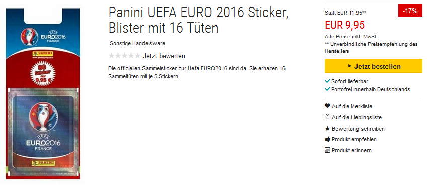 Panini Euro 2016 16 Stickertüten Blister billig, reduziert und versandkostenfrei