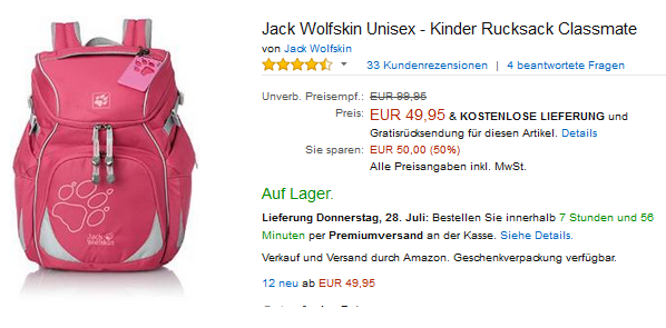 Classmate Rucksack von Jack Wolfskin für Kinder billig & versandkostenfrei
