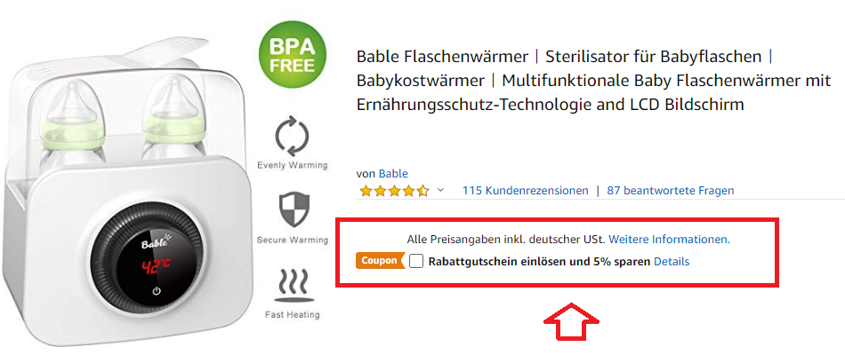 amazon.de Screenshot zu Bable Flaschenwärmer